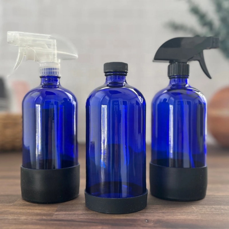 16oz 500ml Round Cobalt Blue Boston Glass Pump Mist Spray Bottle for Hand Sanitizer Sprayer