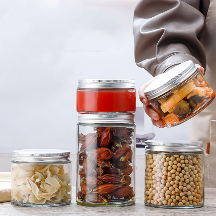 Wholesale Food Container Clear Glass Honey Storage Jar With Silver Gold Screw Metal Cap 250ml 500ml Straight Sided Glass Jars