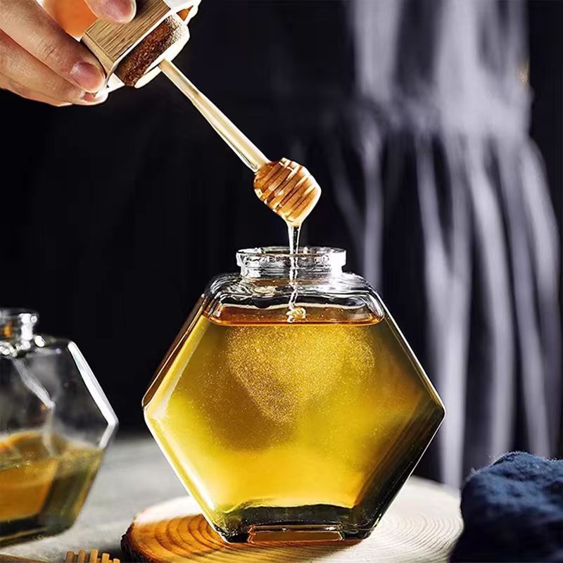 Recyclable Direct Selling 100Ml 380Ml 730Ml Honey Jars Pickle Jarm Jelly Empty Hexagon Glass Honey Jar With Metal & Wooden Lid