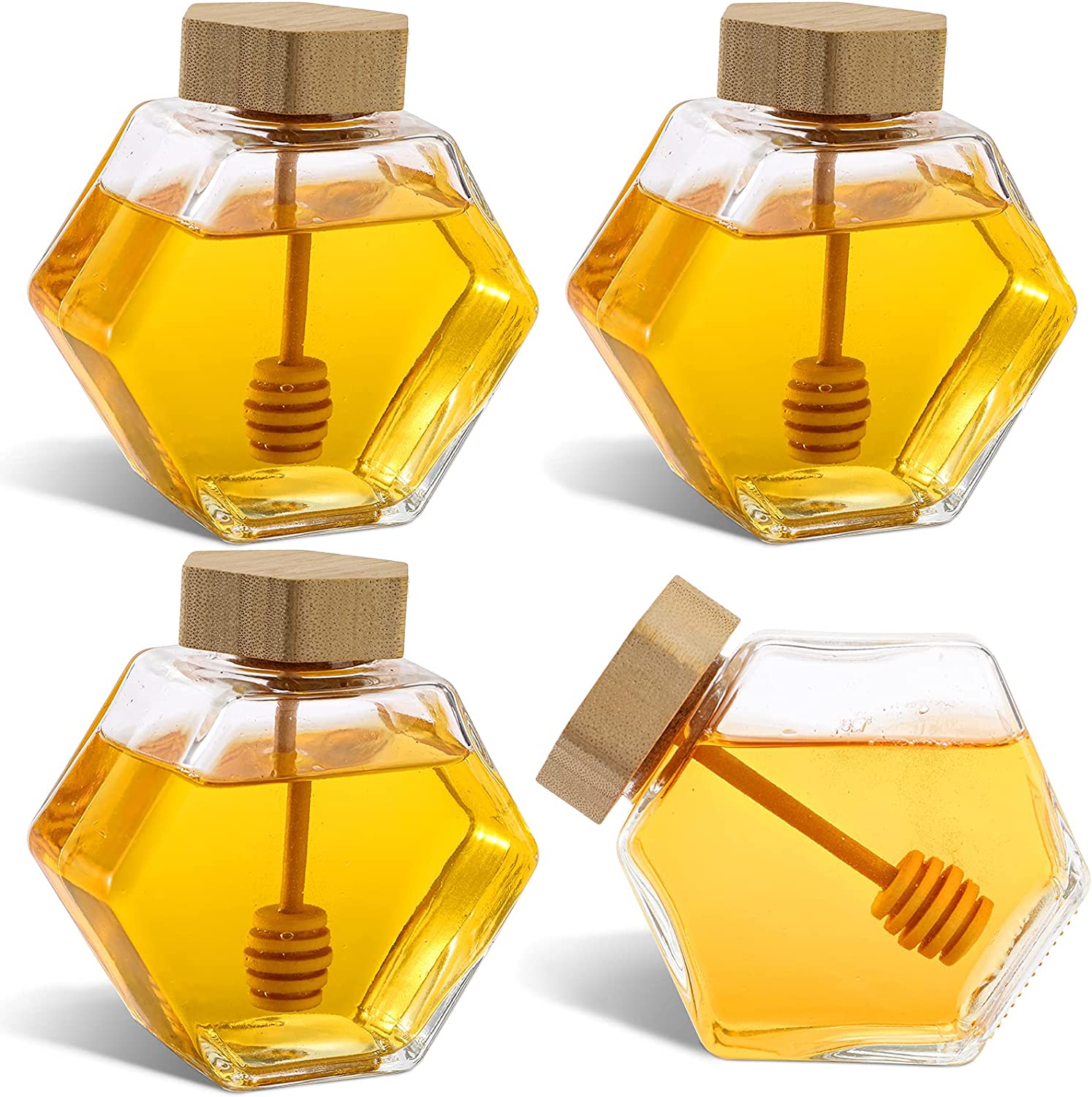 High Quality 100ml 220ml 380ml Hexagonal Transparent Glass Honey Jar Glass Storage Bottle With Bamboo Cover