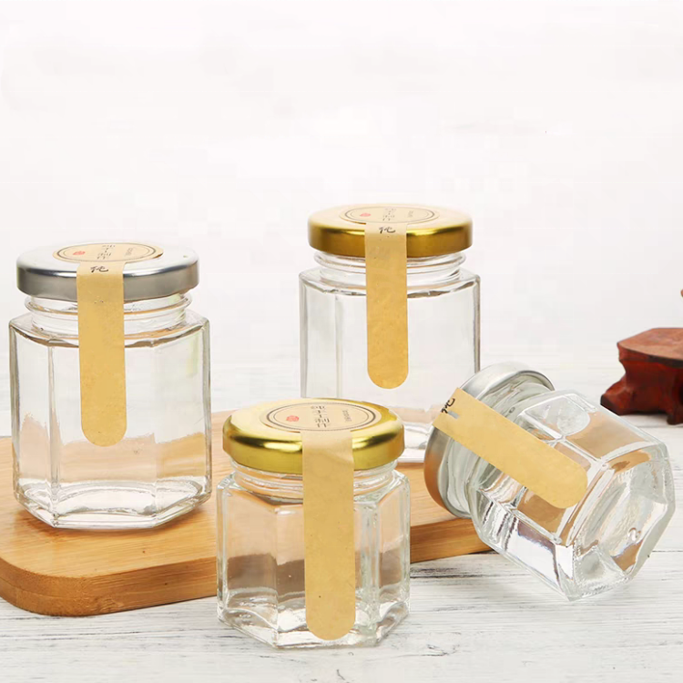Manufacturer Fancy Storage Bottle Hexagonal Glass Honey Jam Jar With Tinplate Lid