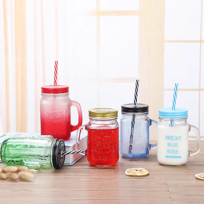 Custom Logo Mason Cup 480ml Glass Wide Mouth Mason Jar With Handles Stainless Steel Straws and Lids