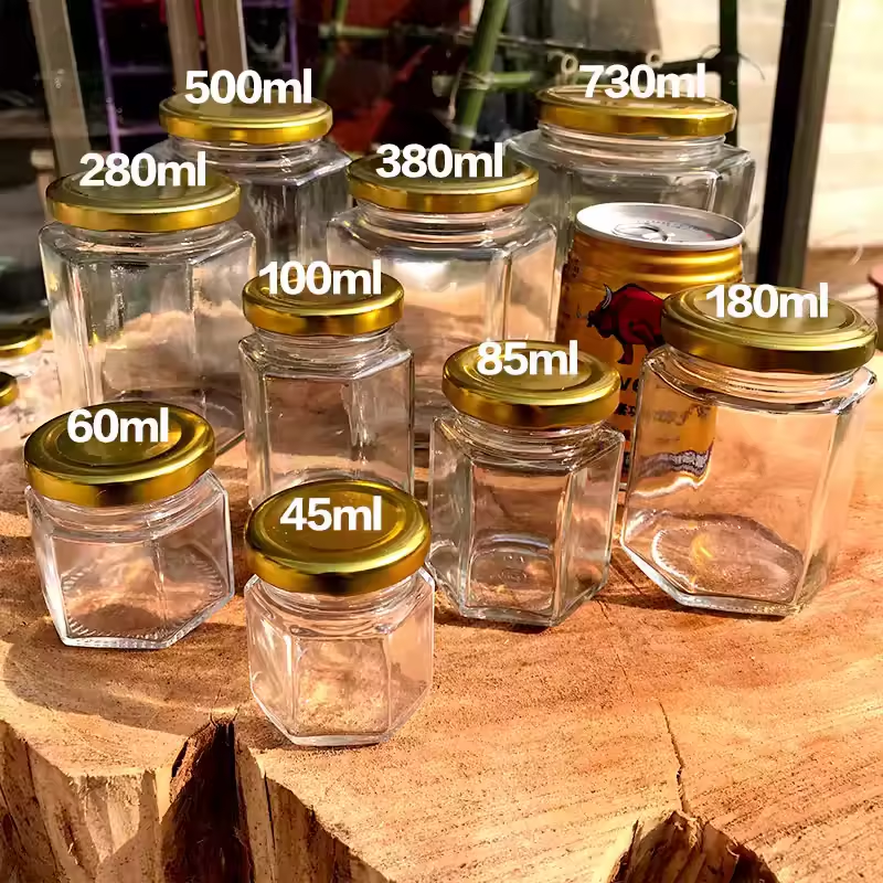 500ml Hexagon Transparent Glass Honey Jars 16oz Clear Glass Storage Jar for Honey Hexagon Storage Glass Bottle