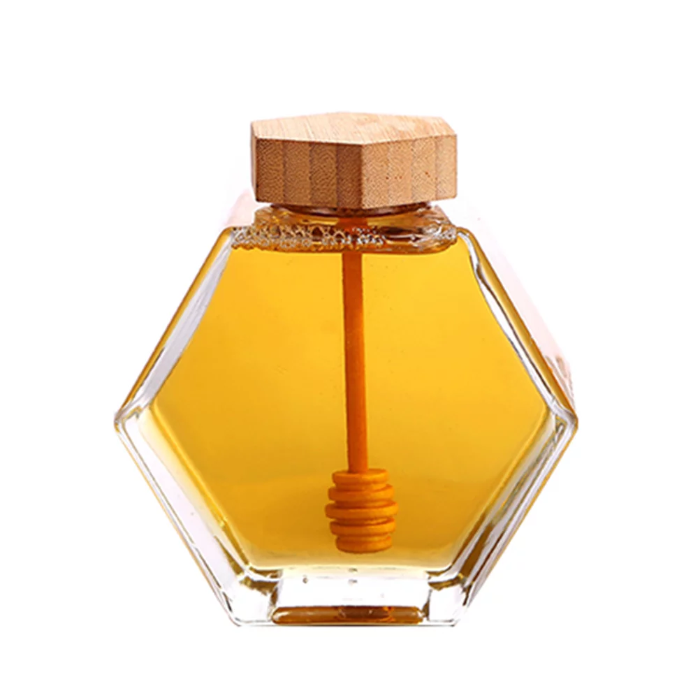 250g 220ml 380ml Hexagonal Glass Honey Jar Glass Food Storage Bottle Jam Jar With Wooden/metal  Lid for Home Kitchen