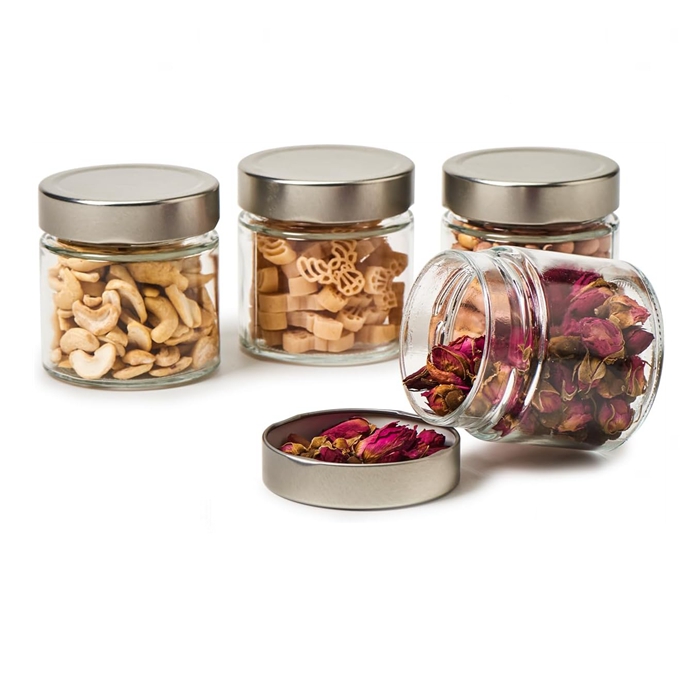 Eco Friendly 70ml 100ml 150ml 250ml 300ml 500ml Honey Spice Pudding Jar Round Glass Food Storage Jar With Black Metal Screw Lid