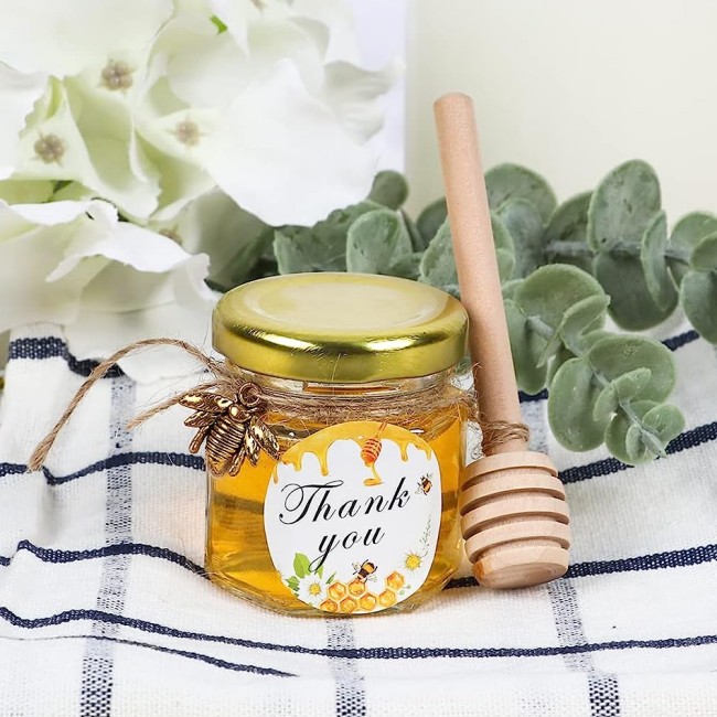 Mini 1.5 oz Hexagon Glass Mason Jars Golden Lids Wooden Dipper Decorative Wedding Party Favors Honey Storage Screw Cap Carton
