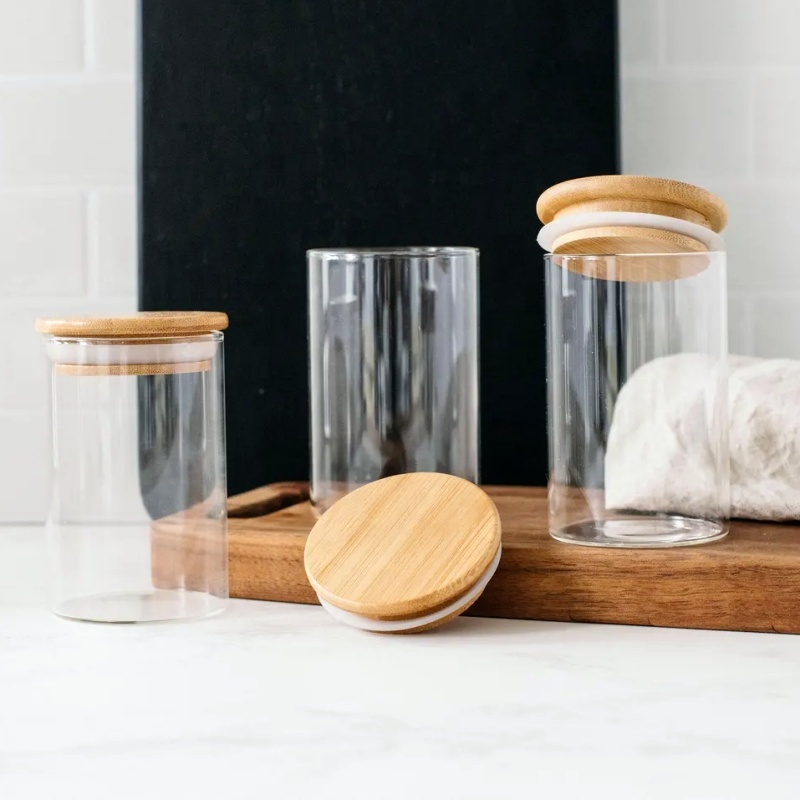 Custom Kitchen Storage Glass Mason Jar Spice Food Glass Jar with Lid Food Glass Storage Jar with Airtight Bamboo Cap
