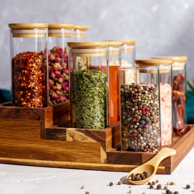 Borosilicate Glass Storage Jars with Wood Lid Suction Jars Food Kitchen Canisters with Bamboo Lid for Food Storage Container
