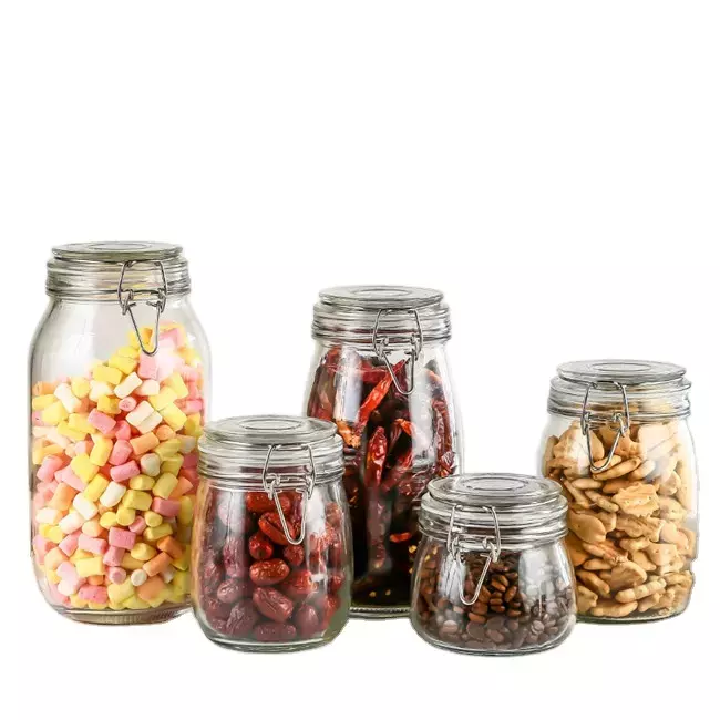 Kitchen Storage Bottles Jars 100ml 500 Ml Clear Glass Storage Mason Jar With Airtight Clip Top Lid for Food Jam Canning Spice