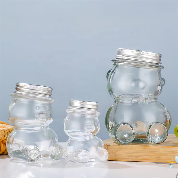 Wholesale Teddy Bear Shaped Glass Bottle Honey Bee Candy Sugar Chocolate Glass Jar With Metal Cap