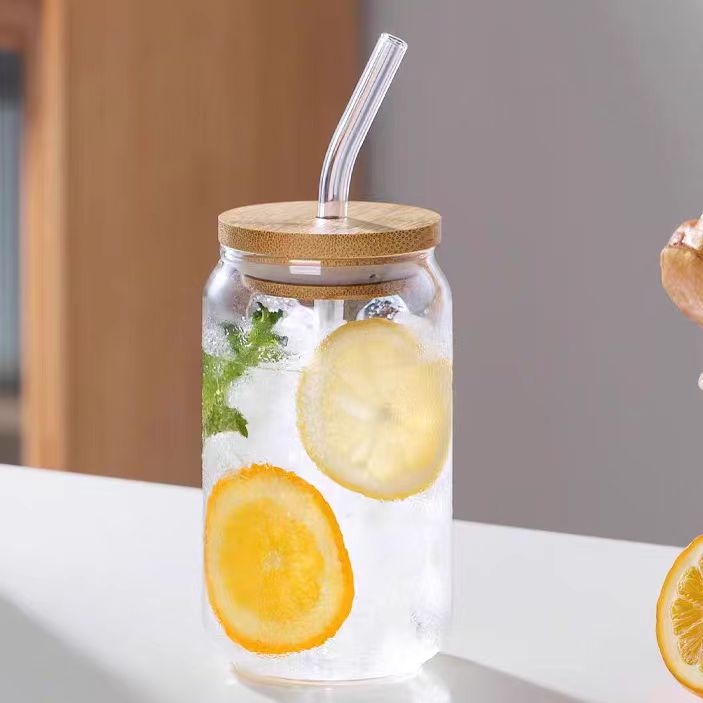 Glass Cups With Bamboo Lids and Glass Straws 16 oz Drinking Glasses Can Shaped Glass Cawa Iced Coffee Suction Cup