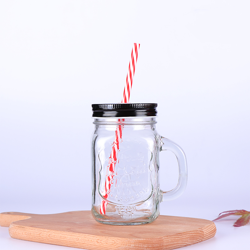 Old Fashioned Drinking Glass Set Mason Jar Mug With Handle and Straw Lid 16 Ounce