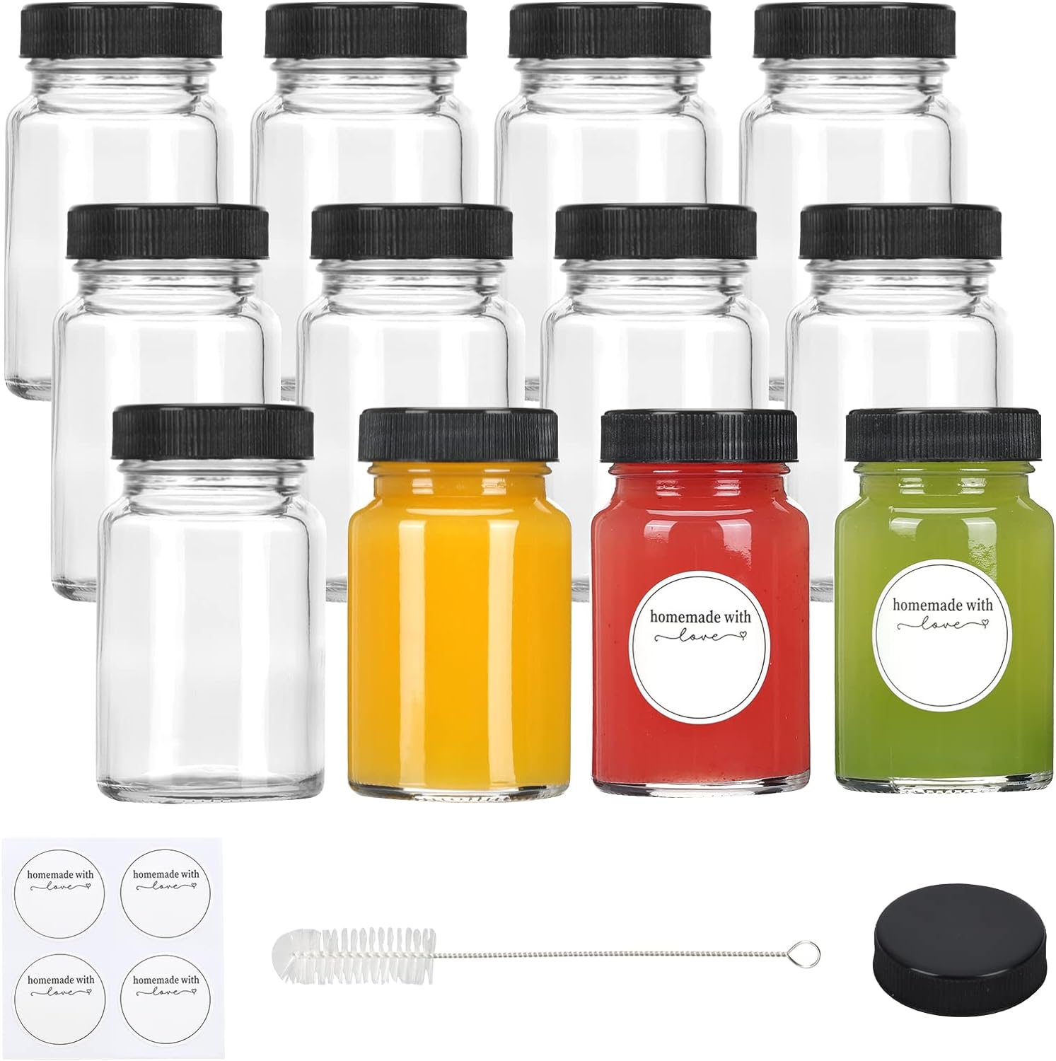 2 oz Glass Shot Bottles W/ White Lids - Small Clear Jar for Ginger, Wellness Shot, Juice, Sample, Whiskey - Travel Mini Bottles