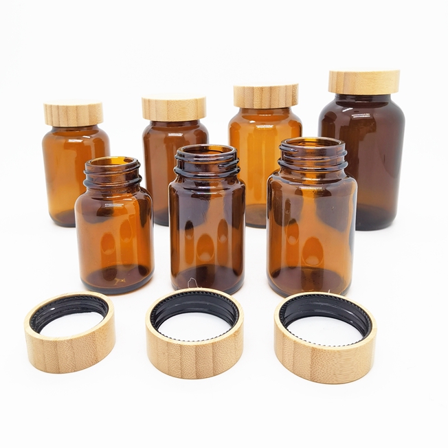 Empty 60ml 75ml 100ml 120ml 150ml 200ml 250ml Amber Packer Capsule Pill Glass Bottle With Anodized Aluminum Lids for Medicine