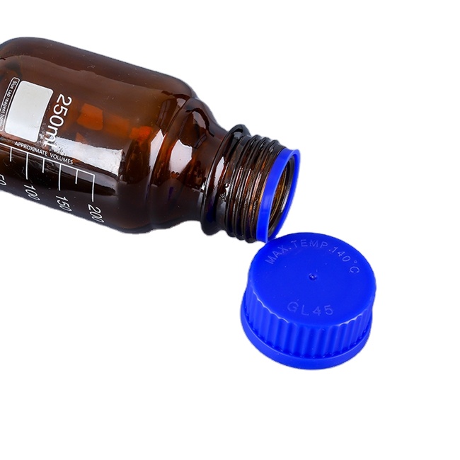 Manufacturer's 250ml Laboratory Reagent Bottle With Round Bottom GL45 Blue Screw Cap Pill Storage Custom Logo Screen Printing