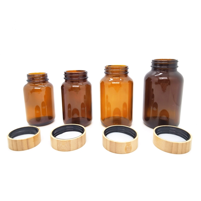 Vitamin Tablet Bottle Packaging 60ml 100ml 120ml 150ml 200ml 250ml Wide Mouth Amber Glass Capsule Bottle With Wooden Bamboo Lid