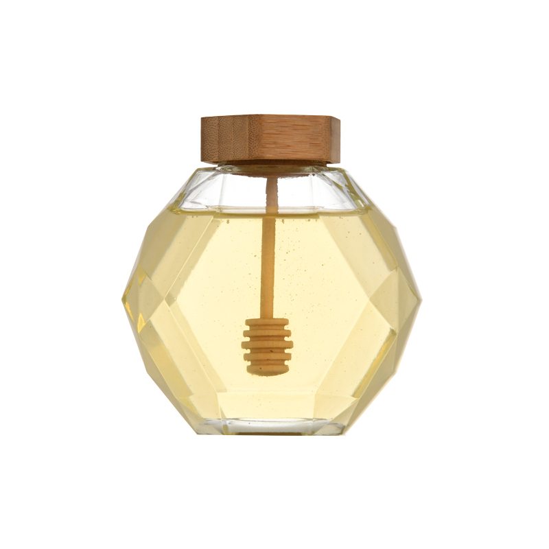 Wholesale Clear Honeycomb Glass Honey Jars 250g 500g 1000g Empty Honey Bottles With Wooden Lid Spoon Dipper for Food Industry