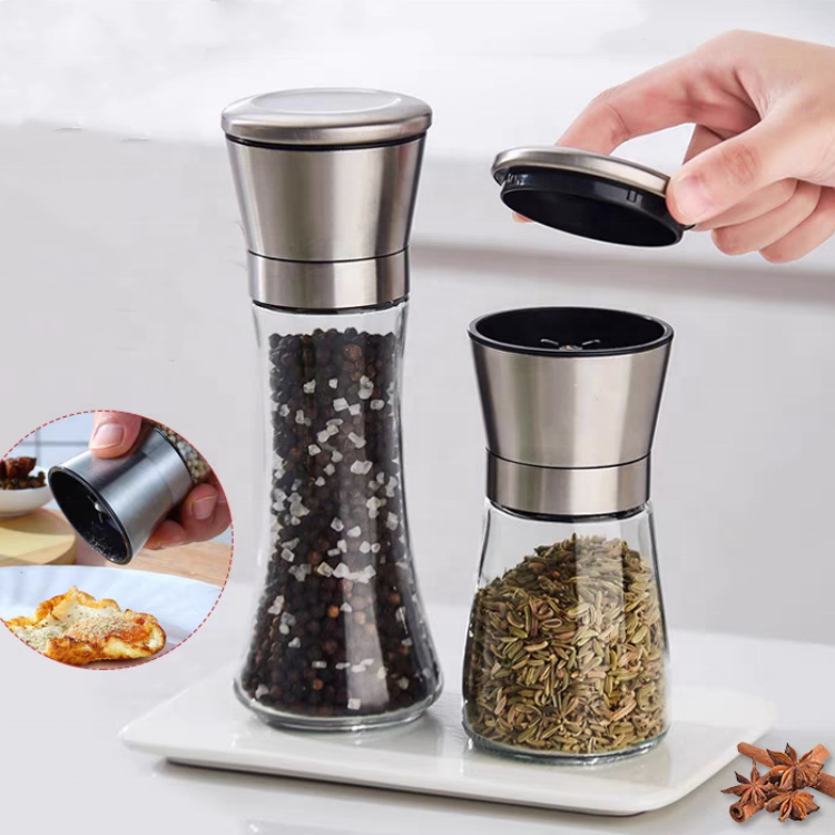 Custom 100g 150g 180g Glass Jar  for Salt and Pepper Mills Stainless Steel Sea Salt and Pepper Grinder with Cap