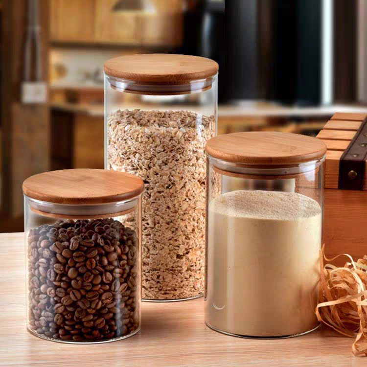 Round High Borosilicate Kitchen Glass Storage Jar Food Coffee Spices Container Bottles Jar With Bamboo Wooden Lid