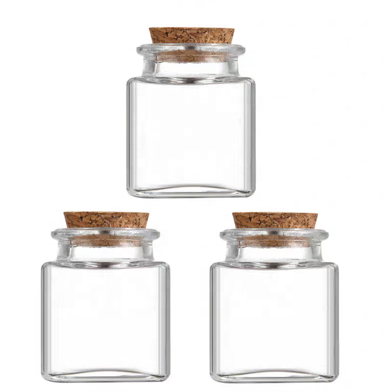 Small clear Glass square Jars with Cork Set of  90 ml with Cork  3oz Tiny Square Glass Jars