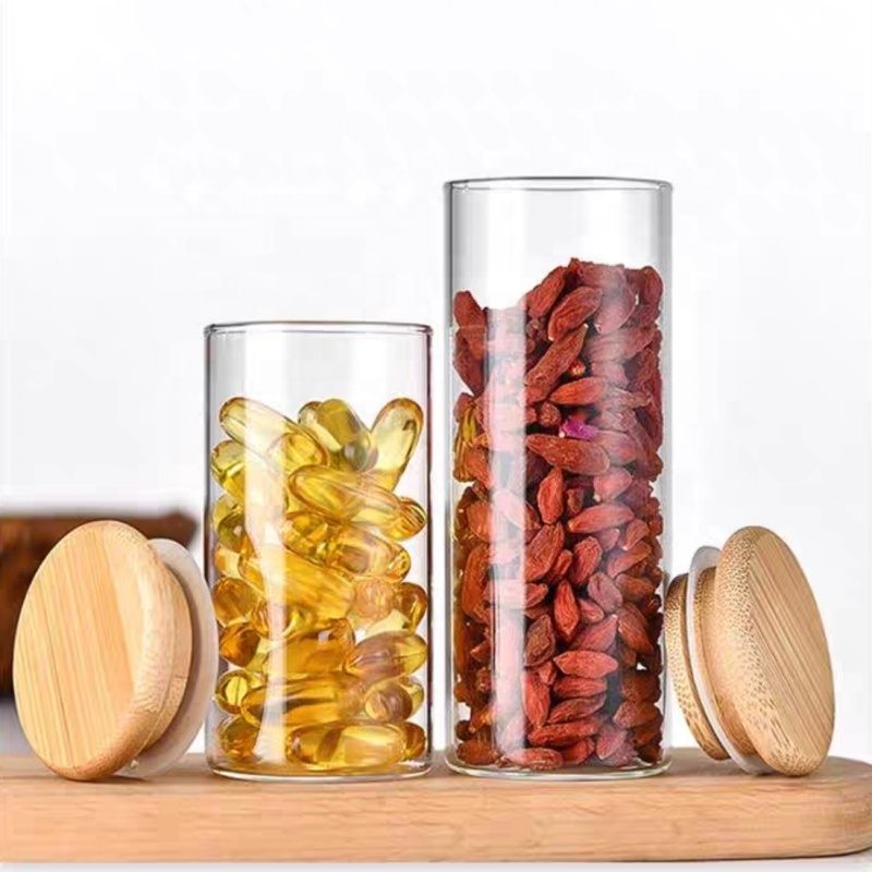 High Borosilicate Glass Tube Jar Round clear Airtight Glass Food Storage & Container With Narual Wooden Lid