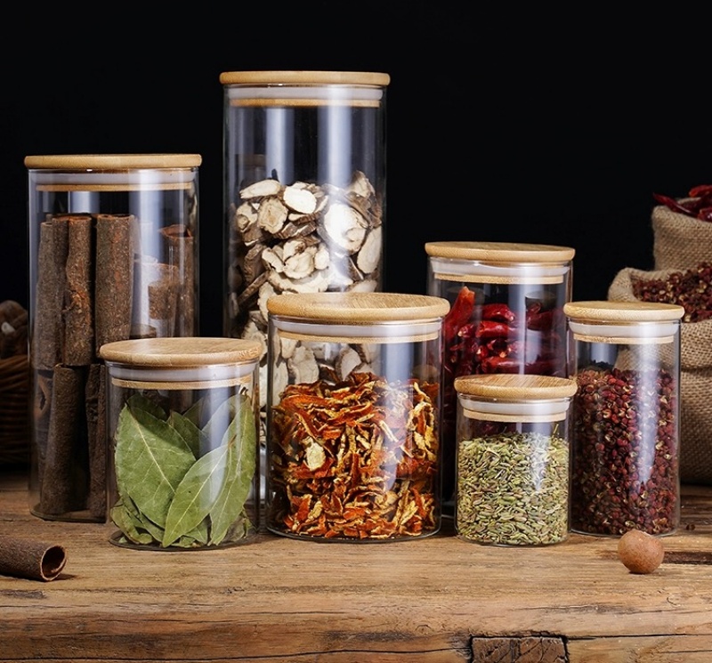 Customized Wholesale Borosilicate Glass Food Storage Jars Glass Canisters Bamboo Container Bamboo Lid Glass Jars
