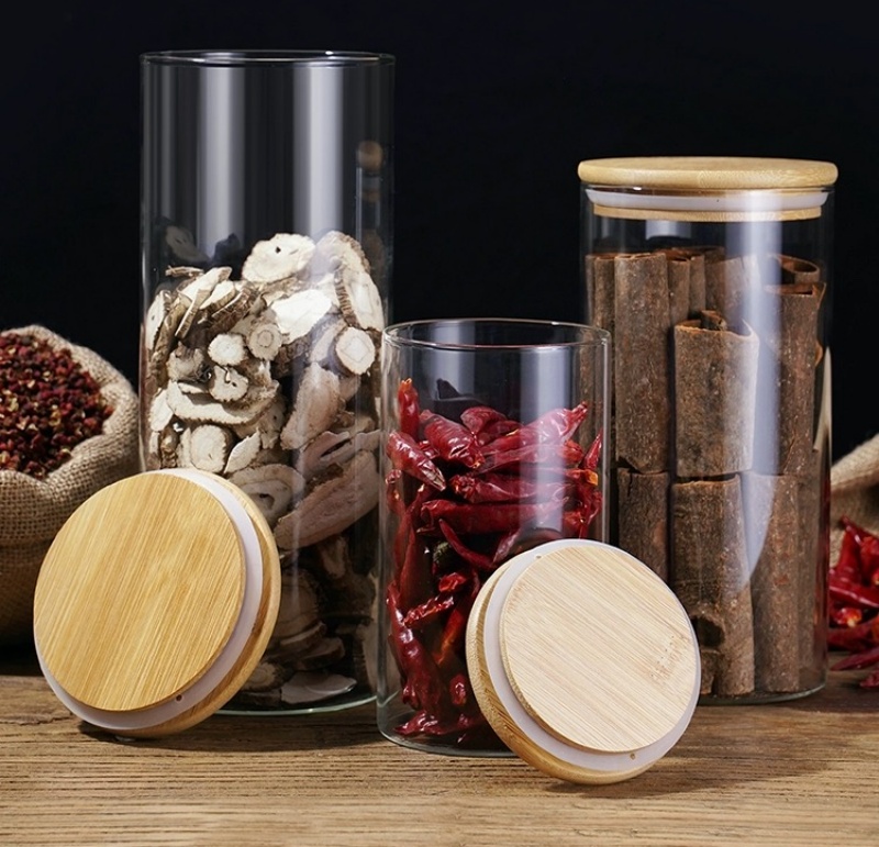 Hot Sale Kitchen Storage Glass Jar With Bamboo Wood Lid Glass Bottles With Lid Container