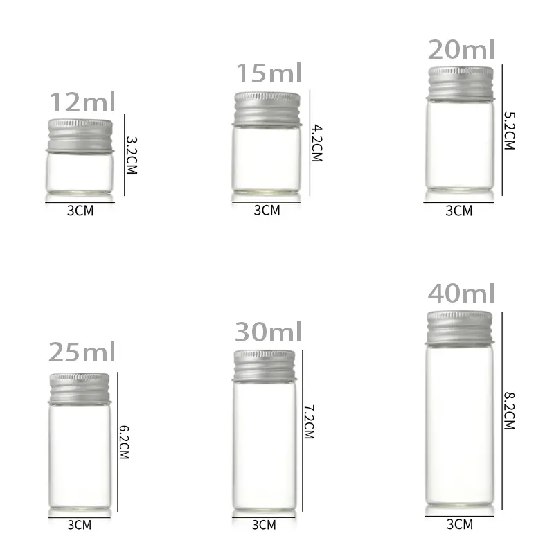 MIni Glass Tube 5ml 10ml 15ml 20ml 25ml 30ml 50ml 60ml 100ml 120ml clear Glass Storage Vial Bottle With Aluminium Screw Cap
