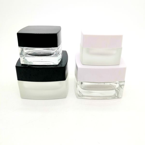 Frosted Glass Jar 20g 50g Thick Glass Square Cube Cosmetic Glass Jars With Black Lid for Oil Lip Balm Wax Cosmetics