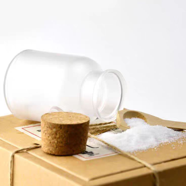 Wholesale Frost ABS Plastic Bath Salt Container Powder Jar With Wood Spoon and Cork Lid 100ml 200ML 300ML for Cosmetic Packaging