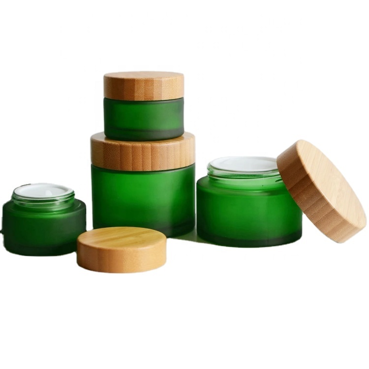 Green Frosted Round 30g 50g 150g Glass Cream Jar With Bamboo Lid 5ml 10ml 30ml 50ml 100ml Dropper Bottle Cosmetic Container