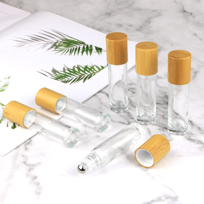 Clear Glass Empty Roller Bottle, 10ml Bamboo Roll on Bottles for Essential Oils , Perfume Bottles With Stainless Steel Roller