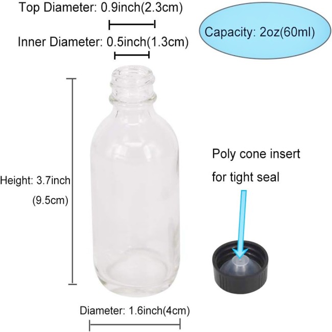 2oz 60ml Clear Boston Round Shots Glass Bottles Small Black Empty With Lids Custom Logo for Liquid Ginger