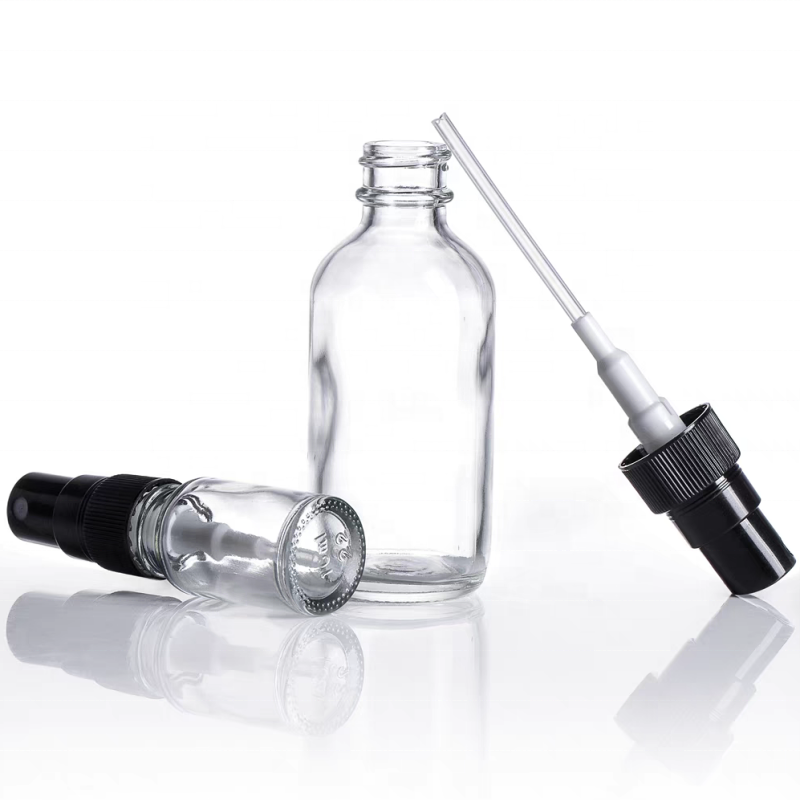 Boston Bottle 60ml Glass Clear Cosmetics Empty Essential Oil Face Serum Glass Dropper Bottles With Spray Cap