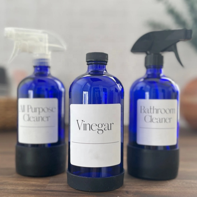 16oz 500ml Round Cobalt Blue Boston Glass Pump Mist Spray Bottle for Hand Sanitizer Sprayer