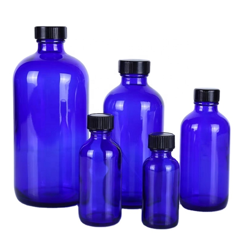 New Arrival Empty Cosmetic 1oz 2oz Cobalt Blue Glass Dropper Bottle Essential Oil Boston Round Dropper Bottle