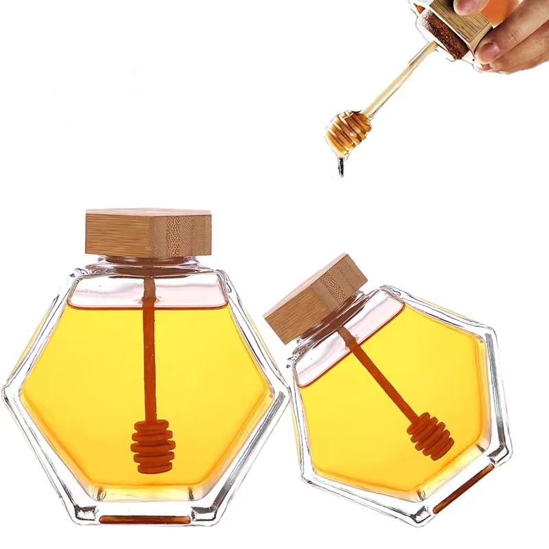 Recyclable Direct Selling 100Ml 380Ml 730Ml Honey Jars Pickle Jarm Jelly Empty Hexagon Glass Honey Jar With Metal & Wooden Lid