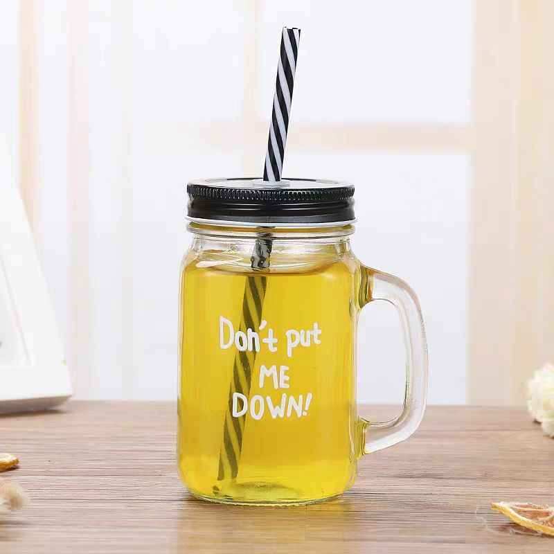 Custom Logo Mason Cup 480ml Glass Wide Mouth Mason Jar With Handles Stainless Steel Straws and Lids