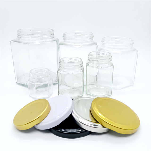 Hexagon Glass Jars With Gold Lids Plastisol Lined for Jam Honey Baby Food Diy Magnetic Spice Jars Crafts Canning Jars
