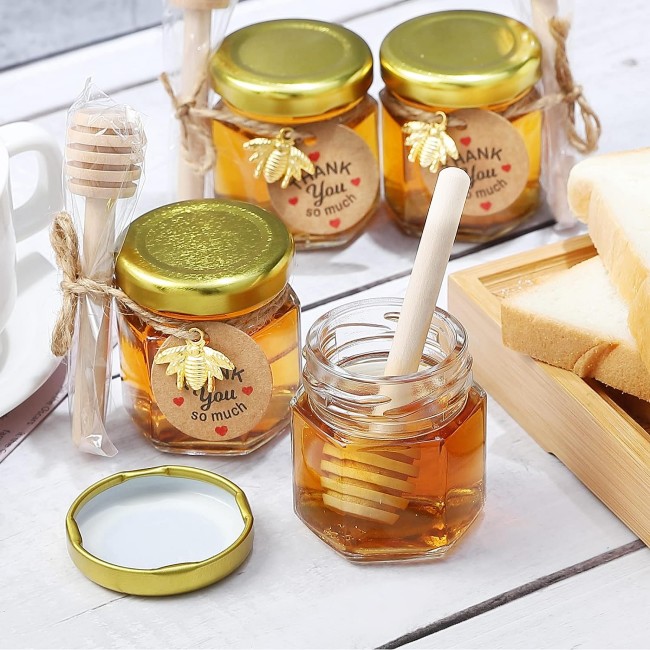 Mini 1.5 oz Hexagon Glass Mason Jars Golden Lids Wooden Dipper Decorative Wedding Party Favors Honey Storage Screw Cap Carton