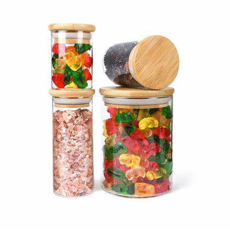 8oz 10oz  Wood Suction Lid Food Storage Dry Flower Pre Roll Candy Spice Glass Jar Container with Bamboo Cap