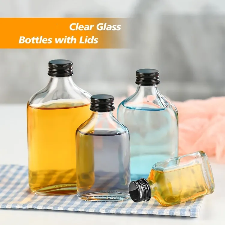 Hot Sale 100ml 200ml 350ml 500ml Flat Square Clear Cold Liquor Beverage Juice Coffee Wine Glass Flask Bottle With Aluminum Cap