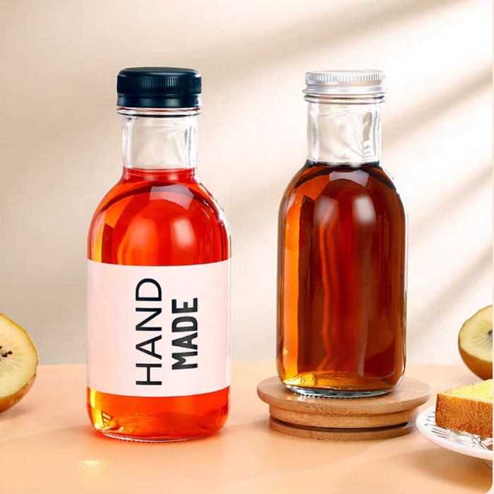 Empty 8oz 12oz 16oz Sauce Volume Transparent Flint Glass Bottle for Juice Beverage With Airtight Plastic Aluminum Cap