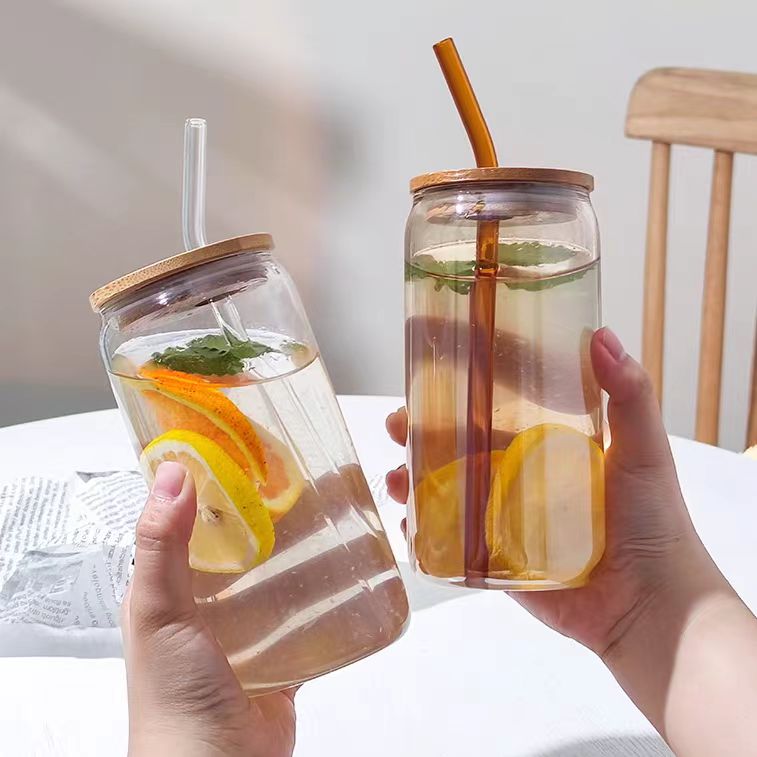 Glass Cups With Bamboo Lids and Glass Straws 16 oz Drinking Glasses Can Shaped Glass Cawa Iced Coffee Suction Cup