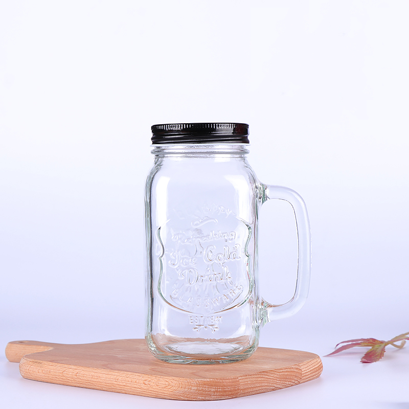 Old Fashioned Drinking Glass Set Mason Jar Mug With Handle and Straw Lid 16 Ounce