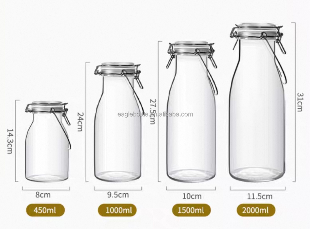 500ml 1000ml 1500ml 2000ml Food Grade Sealed Large Capacity Milk Juice Drink Glass Bottle With Airtight Swing Top