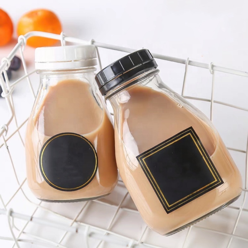 300ml and 500ml Square Cone Shape Milk Fruit Juice Glass Bottle With Plastic Screw Cap and Customized Logo Printing