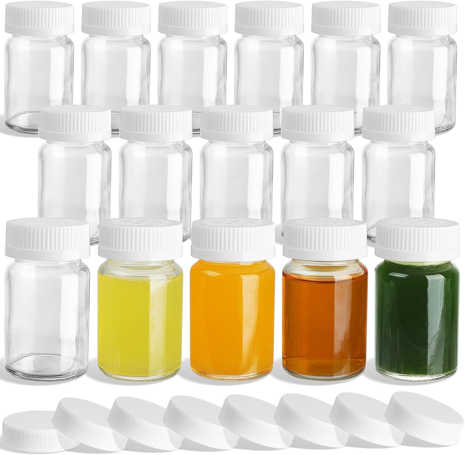 2 oz Glass Shot Bottles W/ White Lids - Small Clear Jar for Ginger, Wellness Shot, Juice, Sample, Whiskey - Travel Mini Bottles