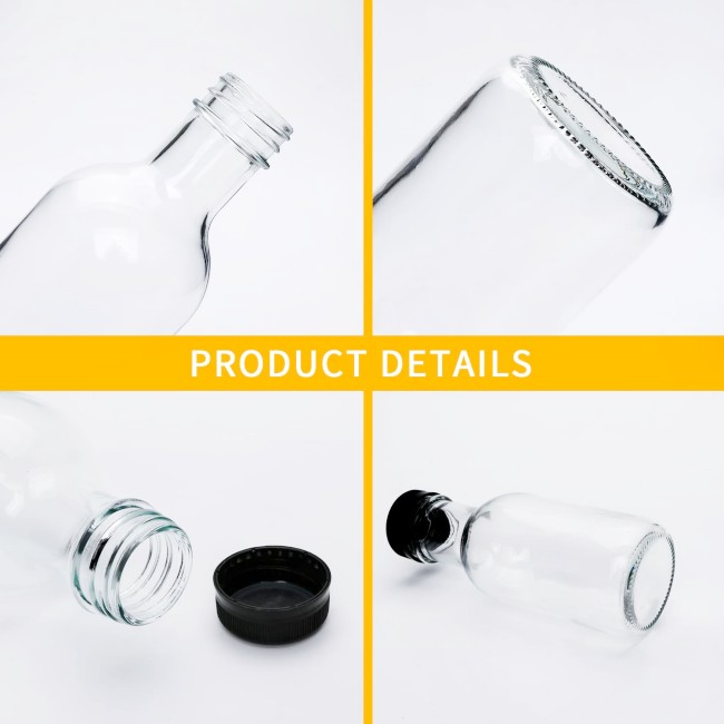 Set of Reusable 8oz Clear Round Flint Glass Bottles Stout Jars Black Plastic Caps Lid Wine Liquor Water Vodka Rum Box Packed
