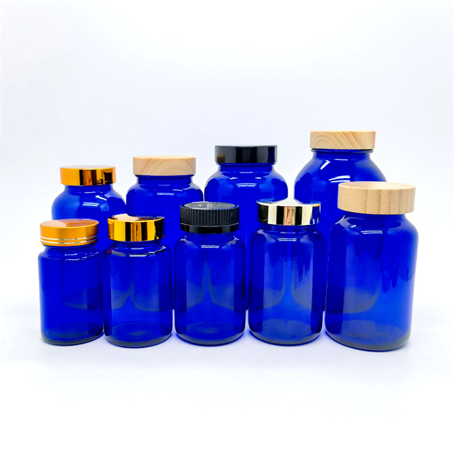 Frosted Cobalt Blue 4 oz 120cc 120 ml Glass Packer Bottle With White Ribbed Lid for Supplements, Pills , Vitamin , Tablets
